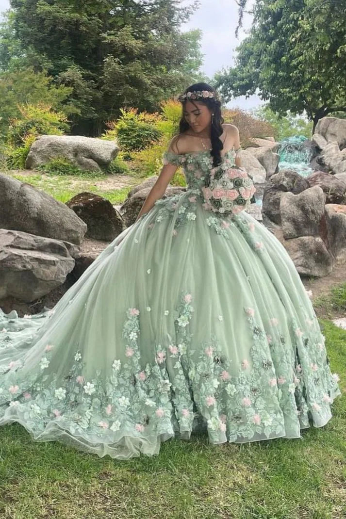 Elegant Sage Green Applique Off-the-shoulder Sweet 16 Quinceanera A-Line Floor-length Prom Dress Birthday Dress Evening Dress Ball Gown TP4533