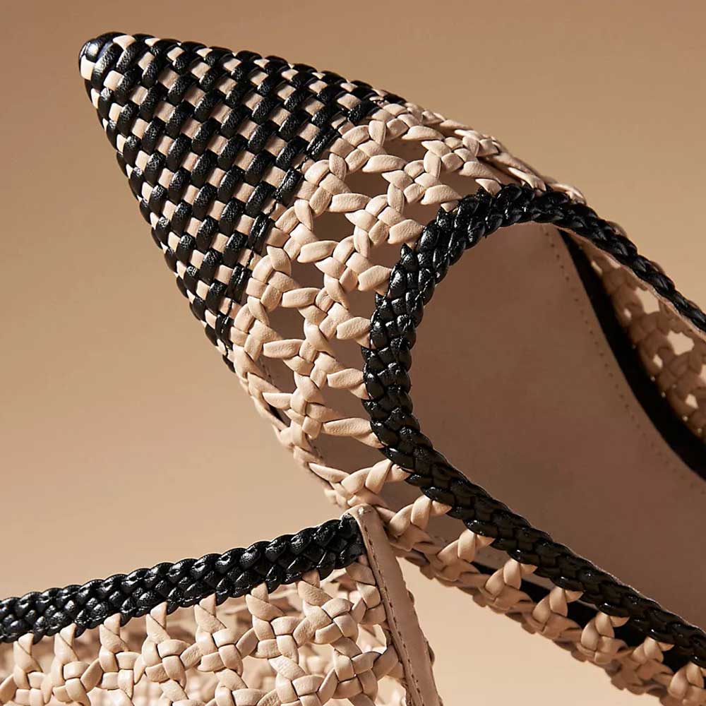 Stylish Nude & Black Pointed Toe Hollow Out Detailed Woven Flats