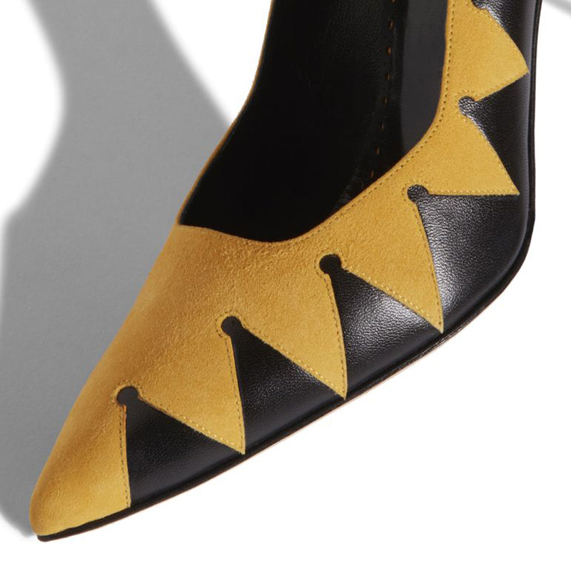 Yellow & Black Vegan Suede Geometric Patchwork Stiletto Heels Pumps