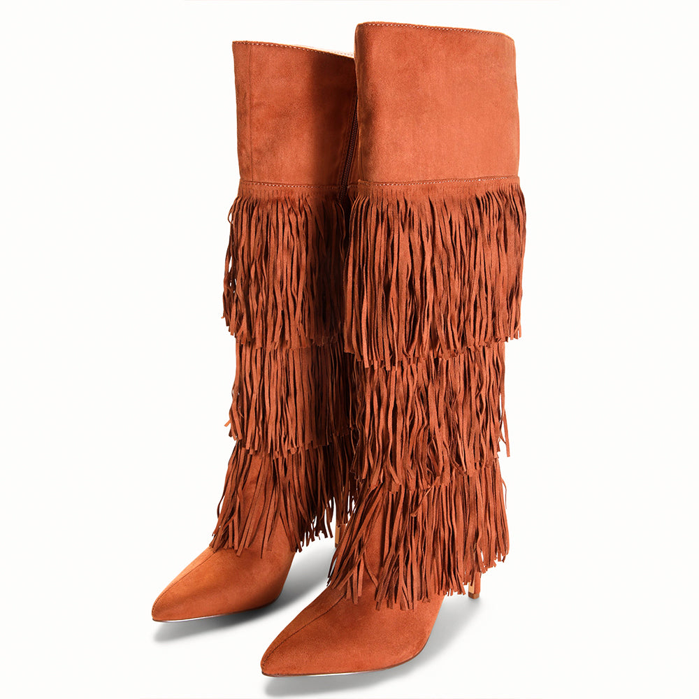 Brown Vegan Suede Pointed Toe Stiletto Knee High Boots with Fringes