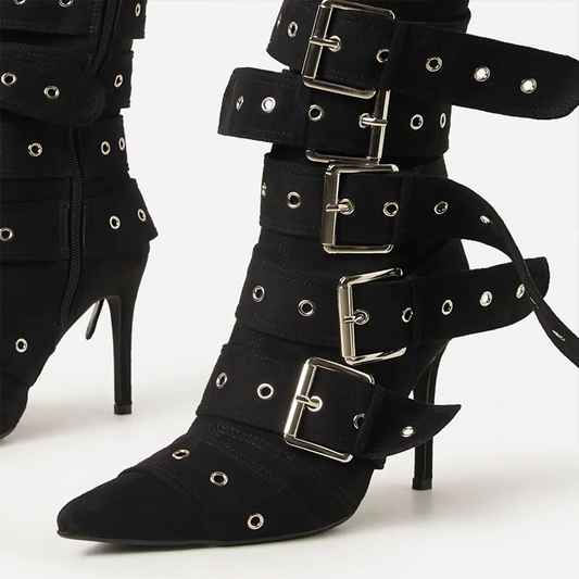 Black Stiletto Heel Pointed Strappy Buckle Vintage Mid-Calf Boots
