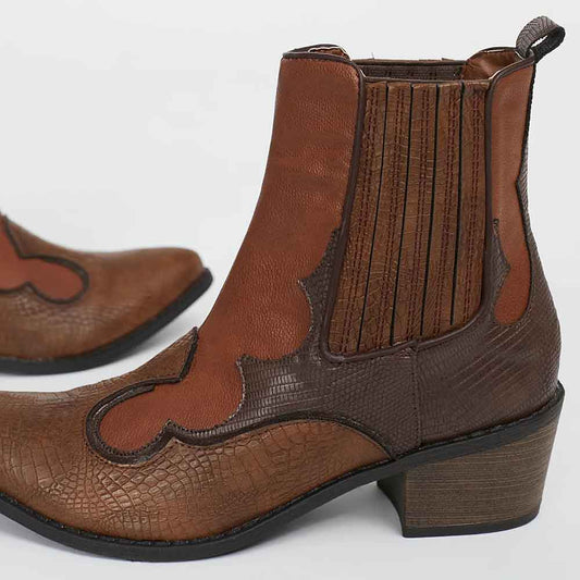 Brown Snakeskin Western Boots Block Heel Chelsea Booties for Women