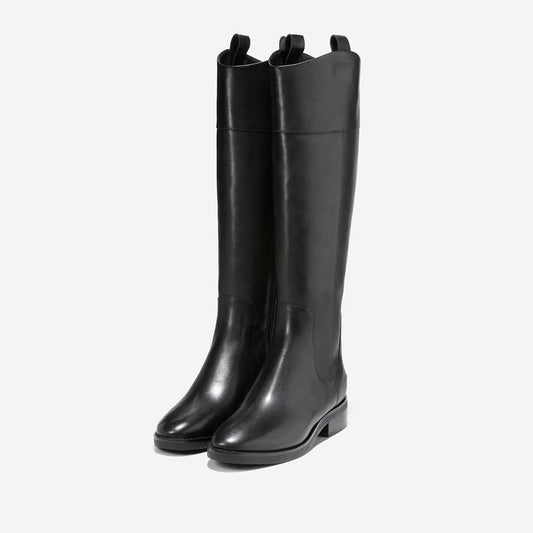 Black Vegan Leather Closed Toe Chunky Heel Knee High Boots