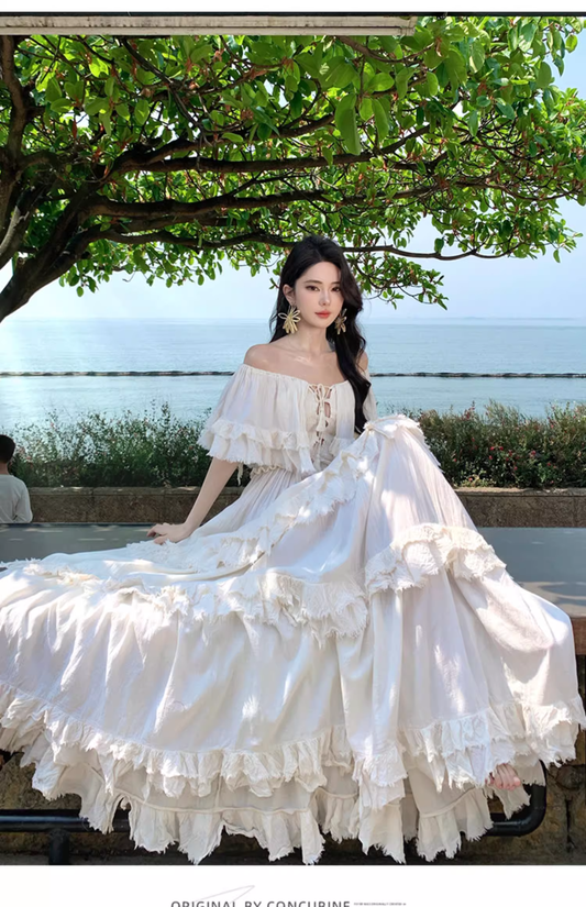 Vintage Ivory Strapless Ruffled Hem Design Elegant Beach Holiday A-Line Summer Dress TP4250