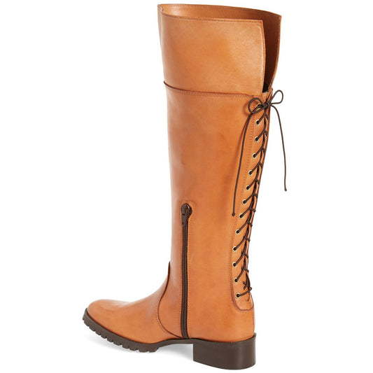 Women's Tan Round Toe Back Lace Up Flat Knee-High Boots by FSJ