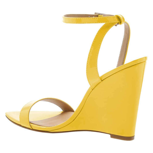 Yellow Patent Leather Ankle Strap Heels Pointed Toe Wedge Sandals