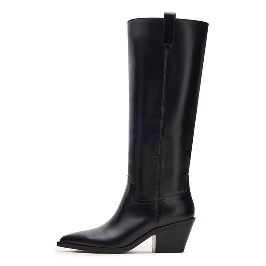 Black Vegan Leather Pointed Toe Chunky Heel Knee High Boots for Women