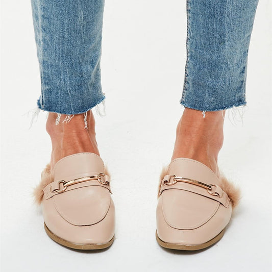 Nude Faux Fur Slip-On Flat Mule Loafers for Women