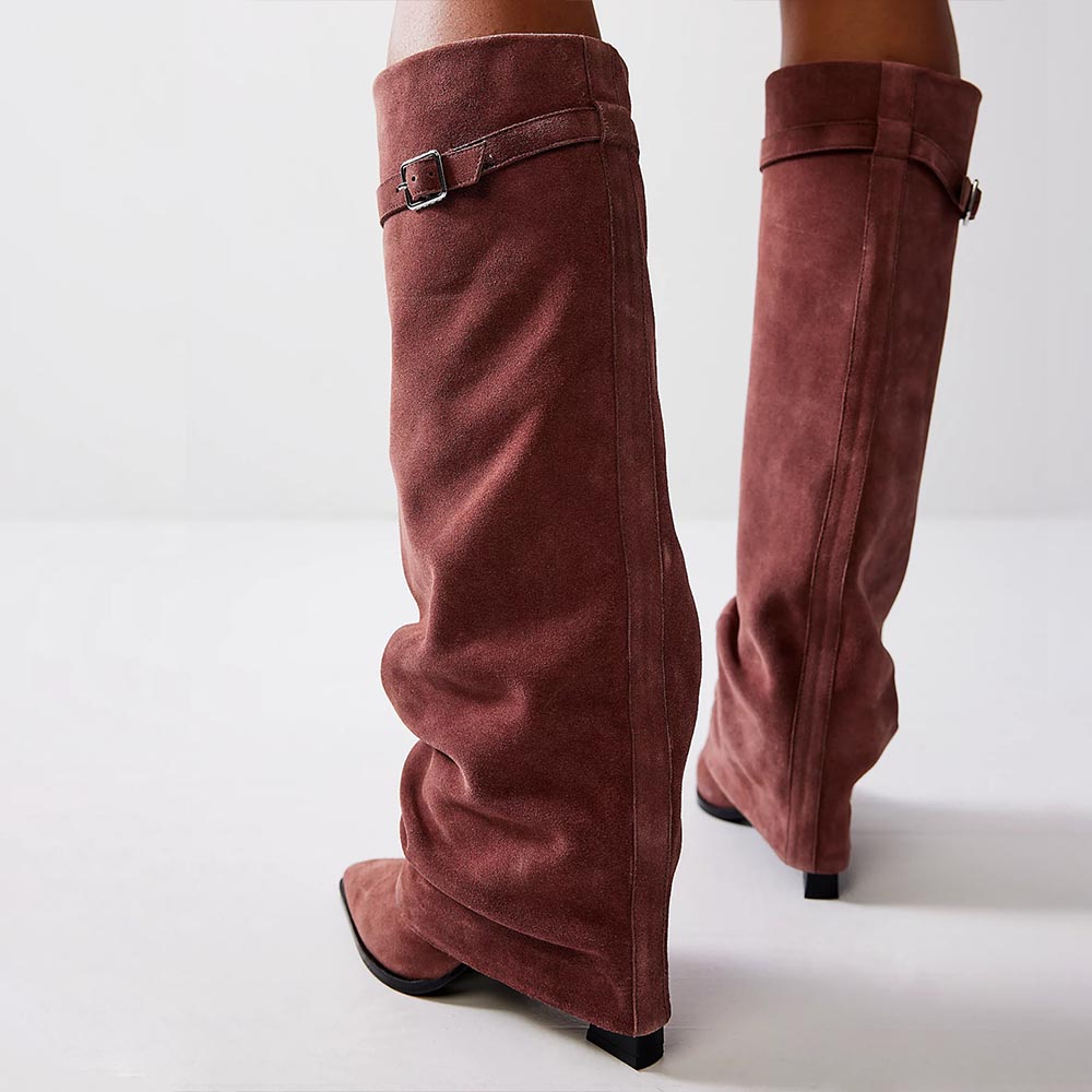 Brown Faux Suede Pointed Toe 4'' Chunky Heel Fold Over Knee High Boots