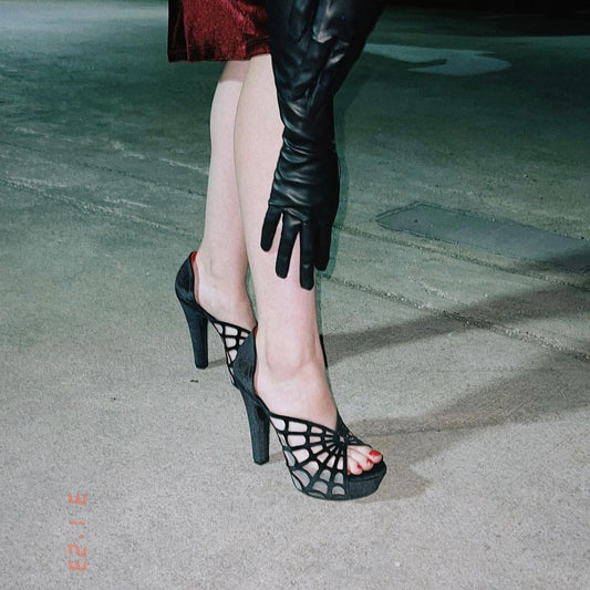 Women's Peep Toe Halloween Pumps Vegan Suede Black Platform Heels