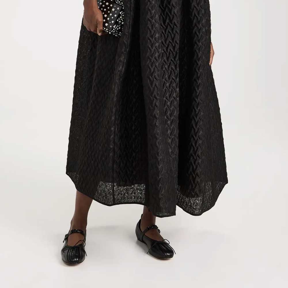 Black Bow Pleated Round Toe Ballet Flats with Beaded Buckle Strap