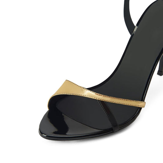 Black & Gold Patent Open Toe Wrapped Shoes Evening Stiletto Heels