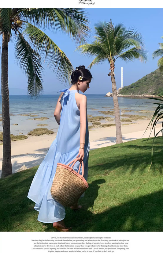 Simple Elegant Blue Design Beach Holiday Halter Dress TP3070