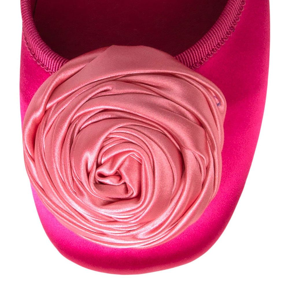Satin Square Toe Rose Embellishment Ballet Flats in Hot Pink