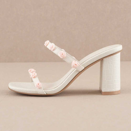 White Square Toe Dual Floral Straps Mules Sandals with Block Heel