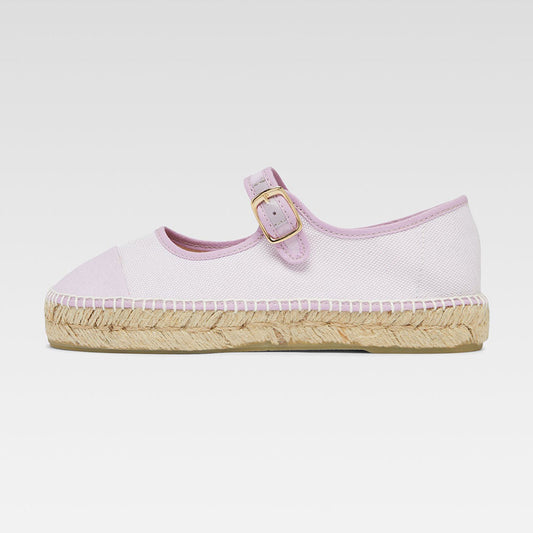 Lavender & White Round Toe Buckled Strap Espadrille Mary Jane Flats
