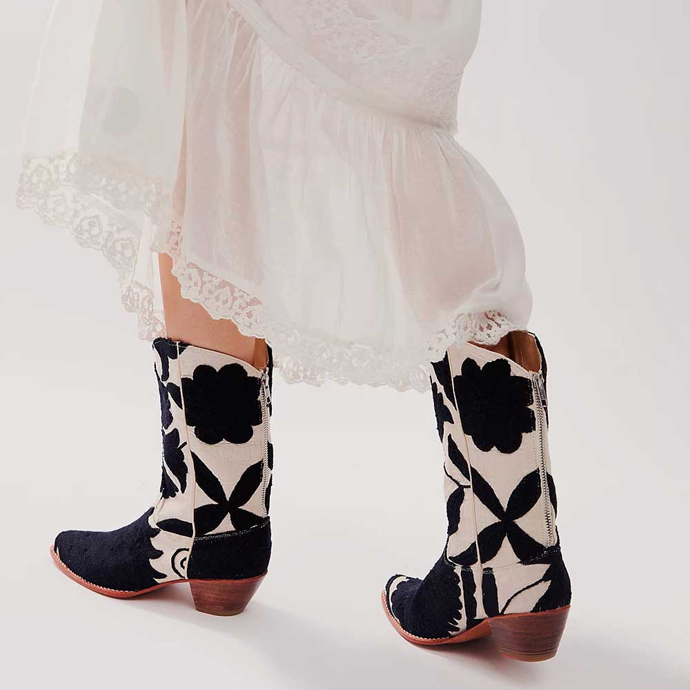 Black & Ivory Almond Toe Chunky Heel Plant Printed Mid Calf Boots