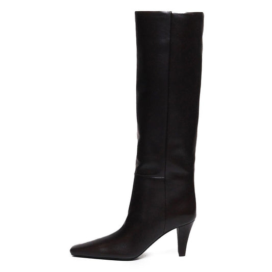 Simple Black Square Toe Cone Heel Vegan Leather Knee High Boots
