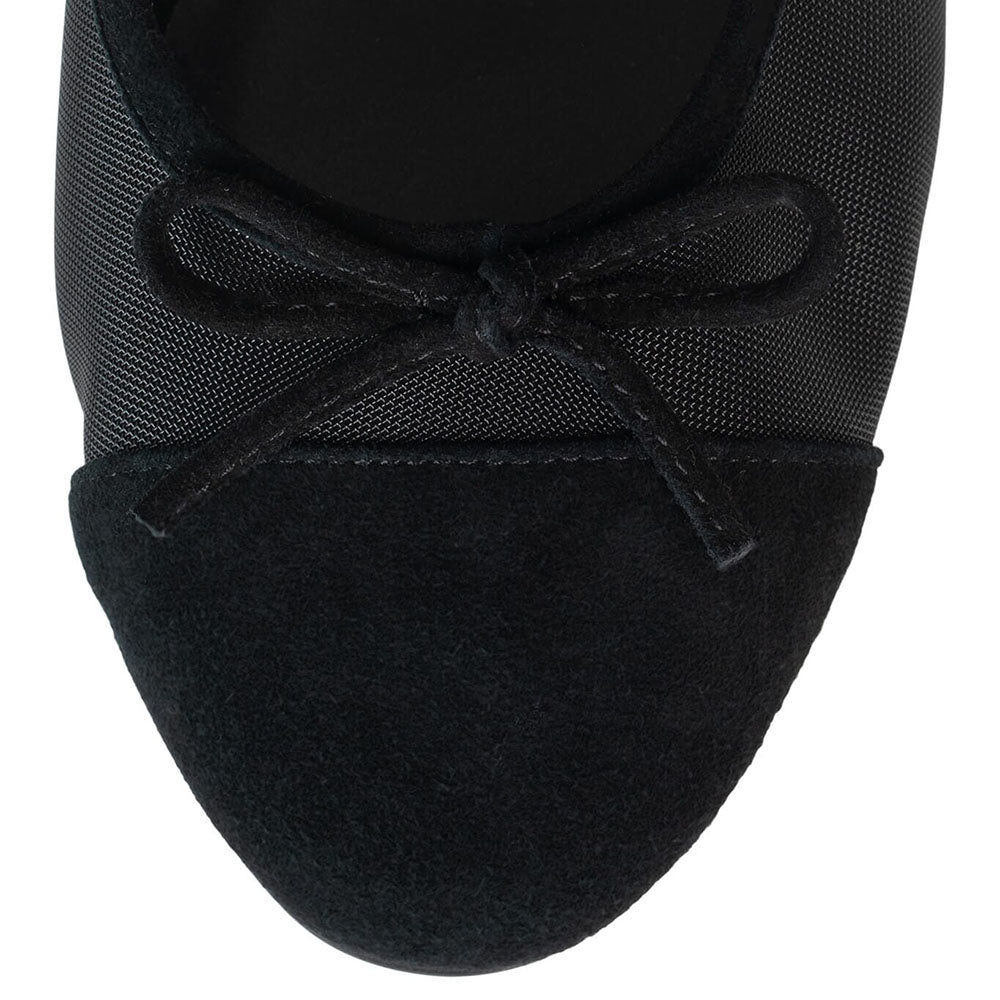 Black Faux Suede Mesh Round Toe Ballet Flats with Bow