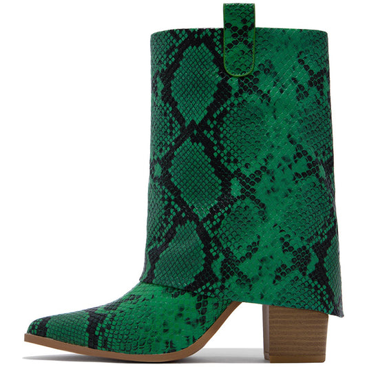 Chic Green Chunky Heel Fold Over Mid Calf Snakeskin Western Boots