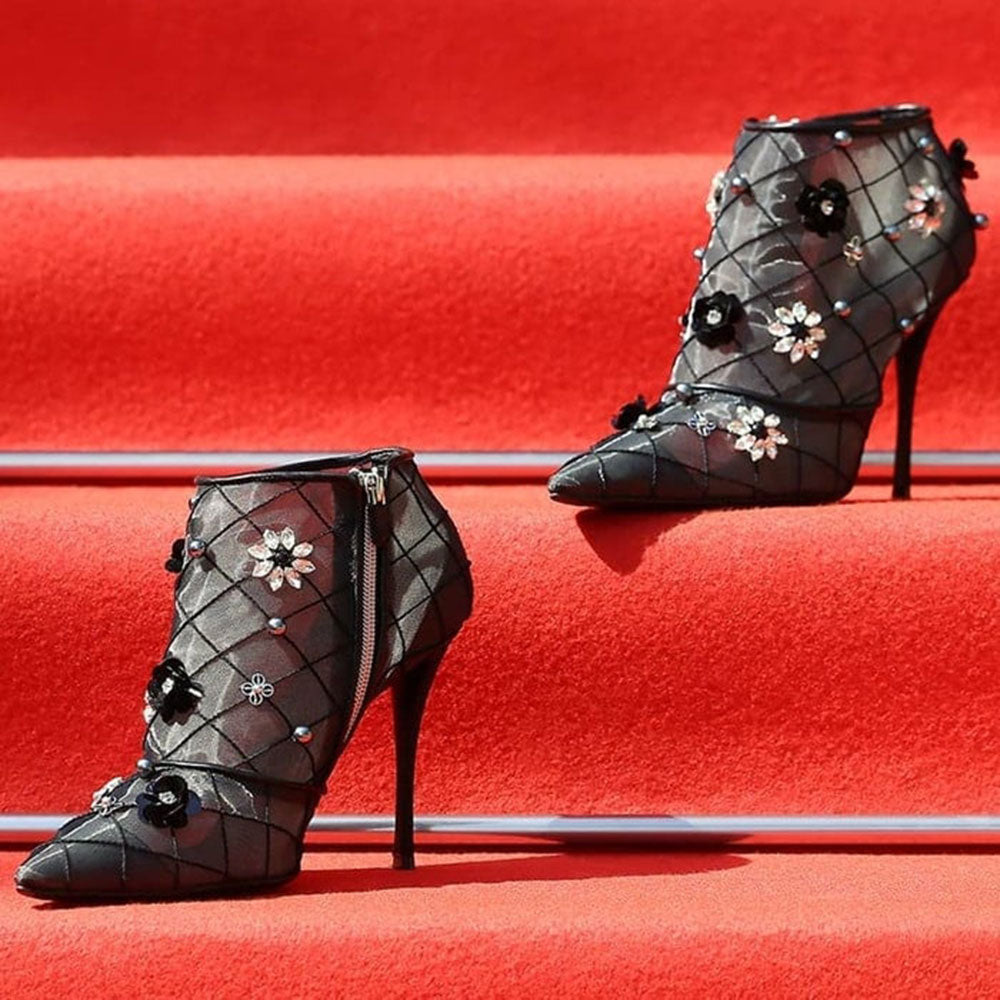 Black Mesh Pointed Toe Crystal Floral Stiletto Heel Ankle Boots
