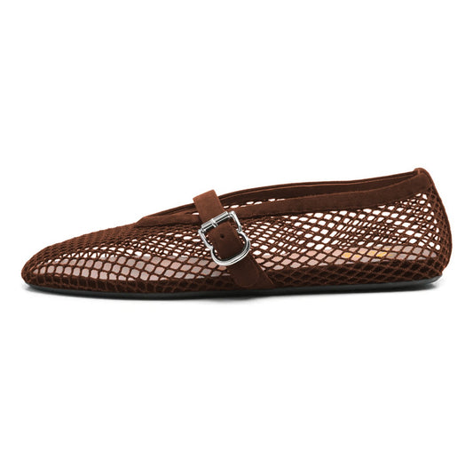 Women's Casual Brown Mesh Round Toe Flats with Buckle Strap