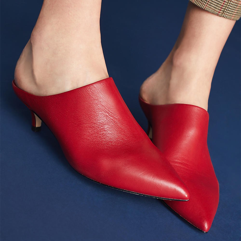 Women's Red Pointed Toe Slip-On Kitten Heel Mules for Women