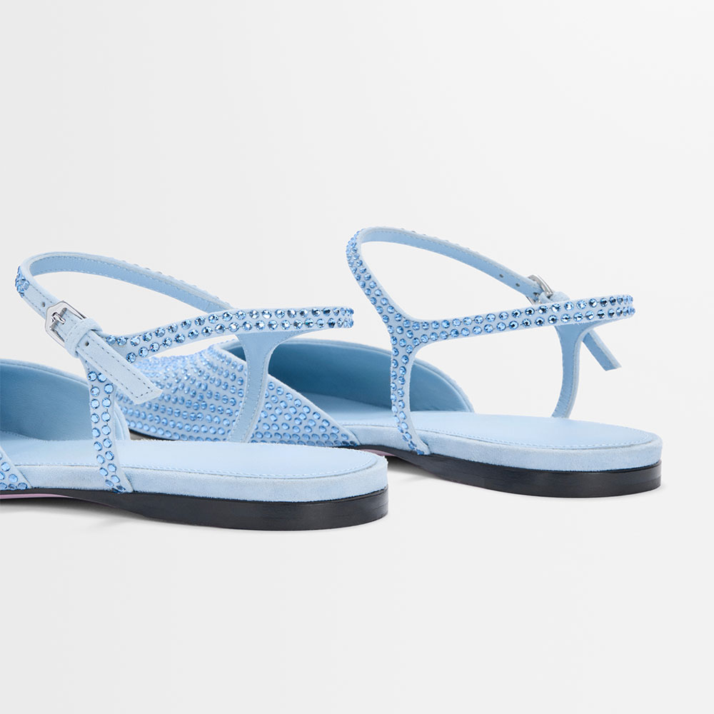 Light Blue Closed-Toe Rhinestone Embellished Ankle Strap Flats