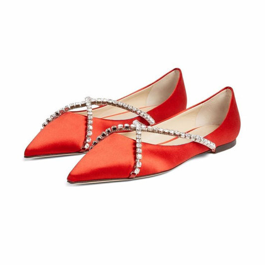 Red Satin Pointed-Toe Rhinestone Crossover Strap Flats for Women