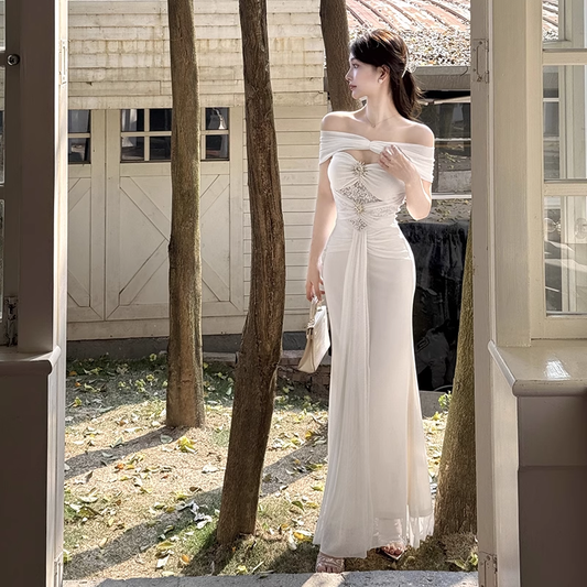 Gorgeous Ivory Off-the-shoulder Sweetheart Applique Beaded Mermaid Long Prom Dress Evening Dress TP4356