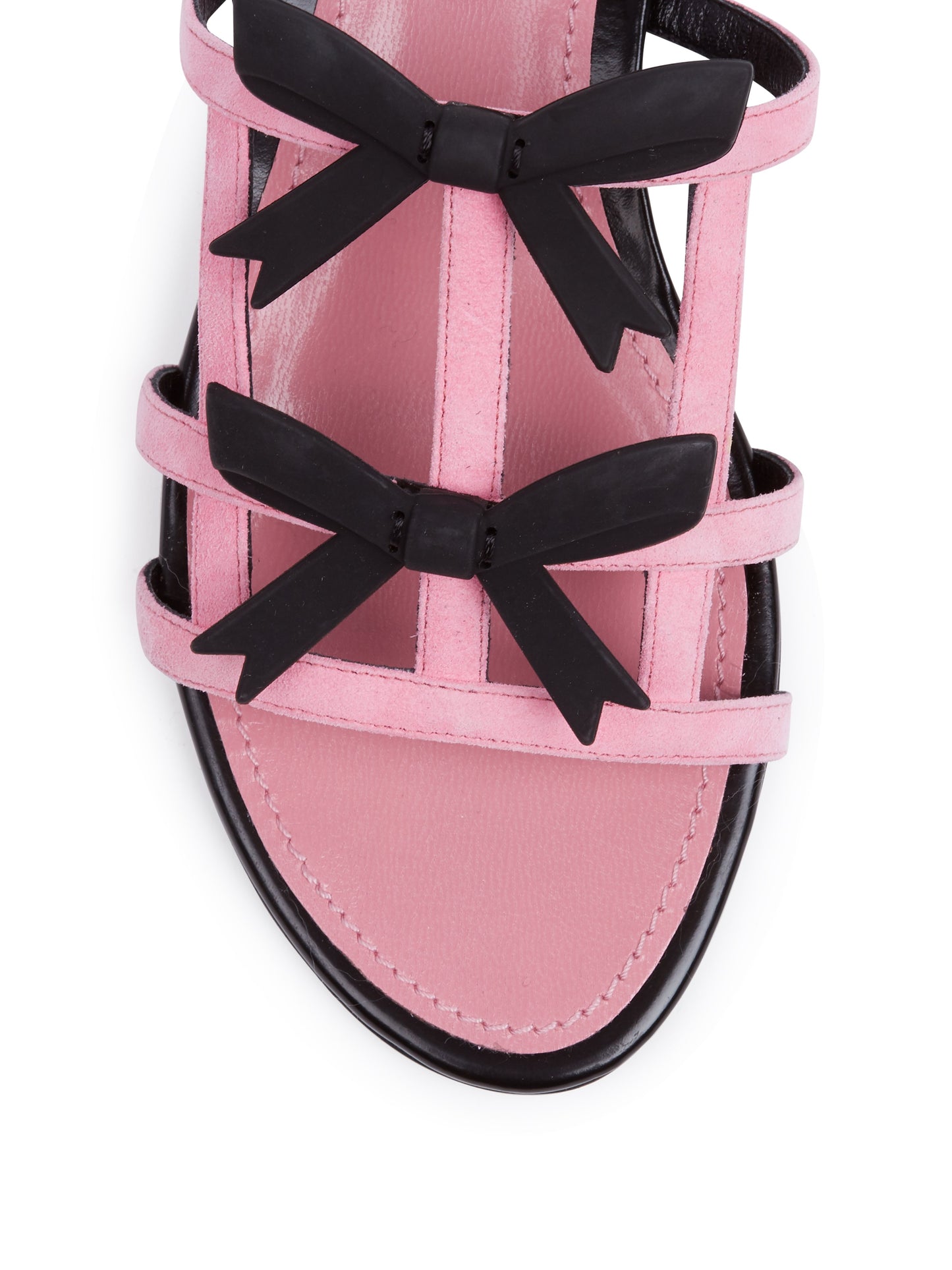 Women's Pink Open Toe Black Bow Embellished Flats Slide Sandals