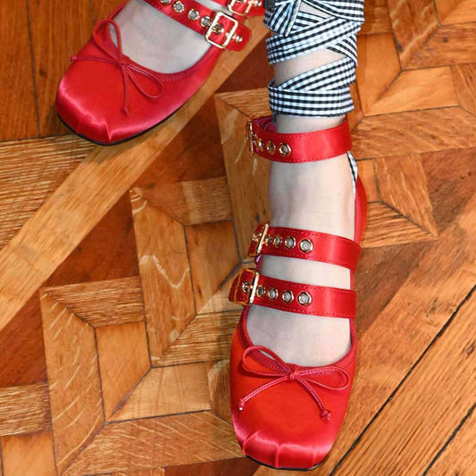 Red Satin Round Toe Lace Up Strappy Ballet Flats with Bow