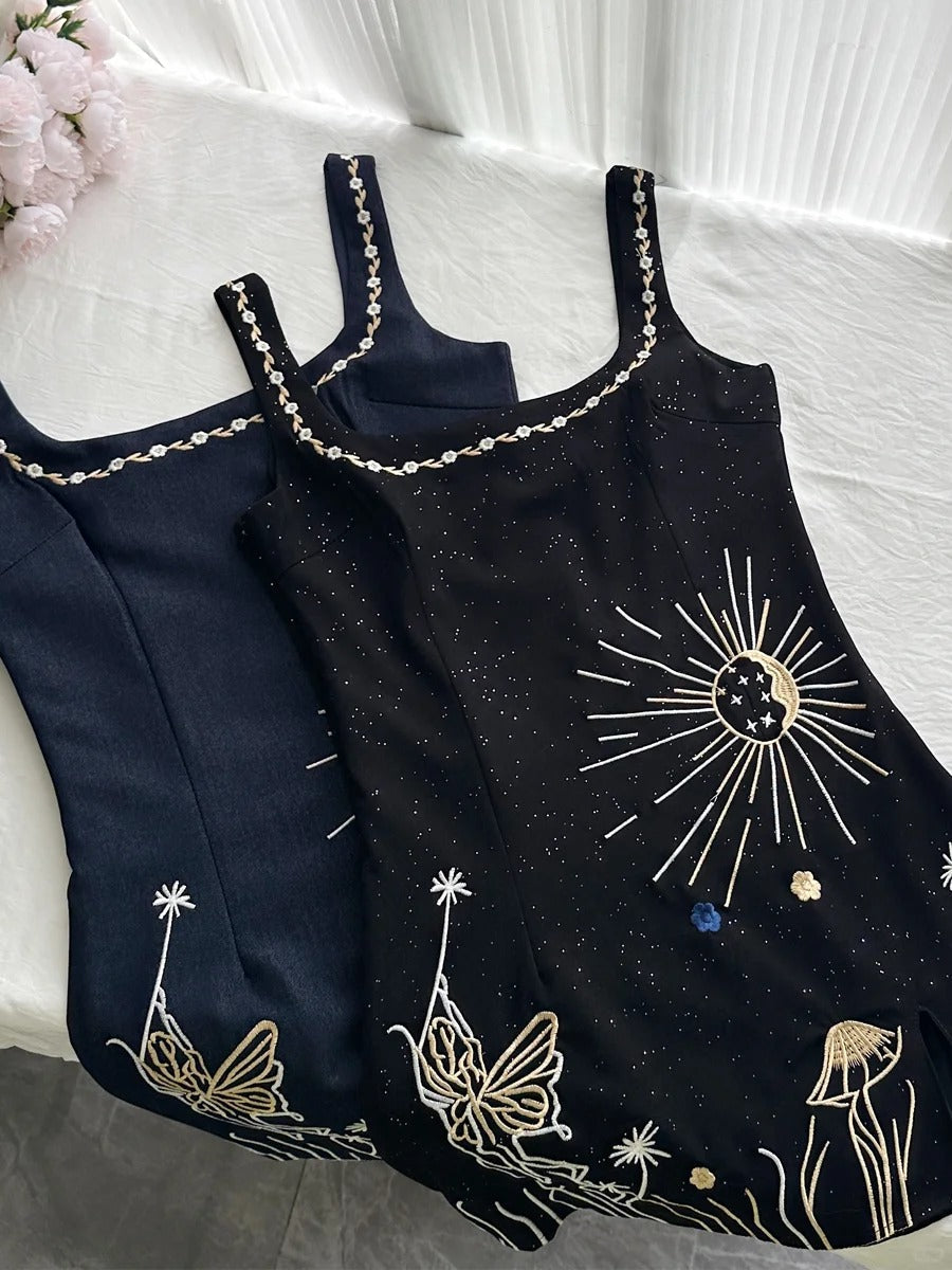 Fantasy Black Embroidered Slim Square Neck Short Birthday Dress Homecoming Dress P3991