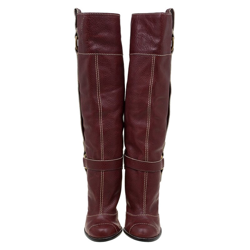 Burgundy Vintage Buckle Detail Chunky Heel Knee High Boots