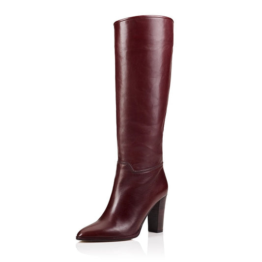 Classic Maroon Pointed Toe Chunky Heel Knee High Boots