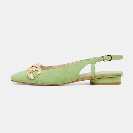 Green Vegan Suede Square Toe Gold Chain Slingback Casual Flats