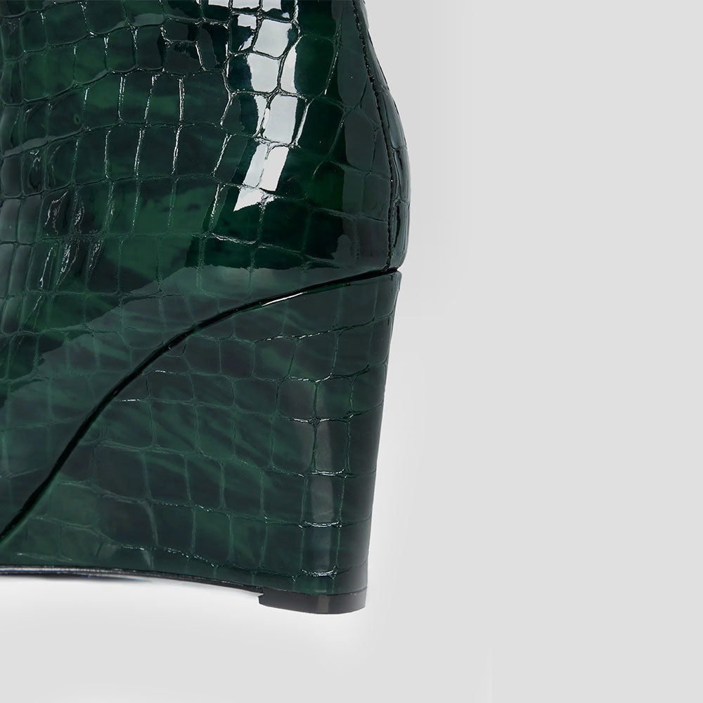 Dark Green Pointed Toe Croc Embossed Wedge Heel Knee High Boots