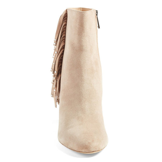 Beige Vegan Suede Studded Fringe Booties Chunky Heel Ankle Boots