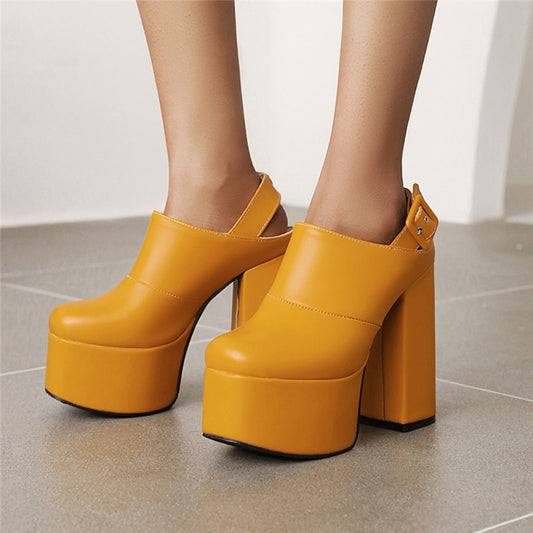 Yellow Vegan Leather Closed Toe Chunky Heel Platform Slingback Pumps