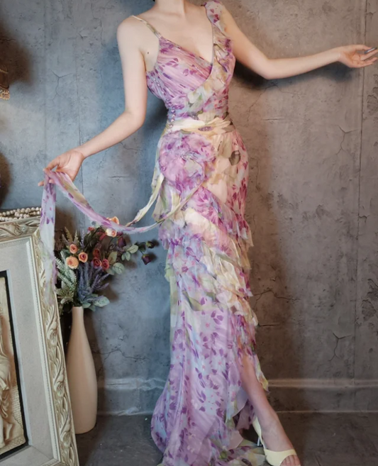 French Romantic Purple Floral Print V-neck Backless Layered Pleated Chiffon Prom Dress Evening Dress P4312