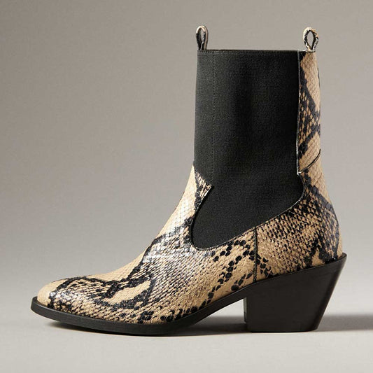 Black Python Embossed Patchwork Ankle Boots with Chunky Heel