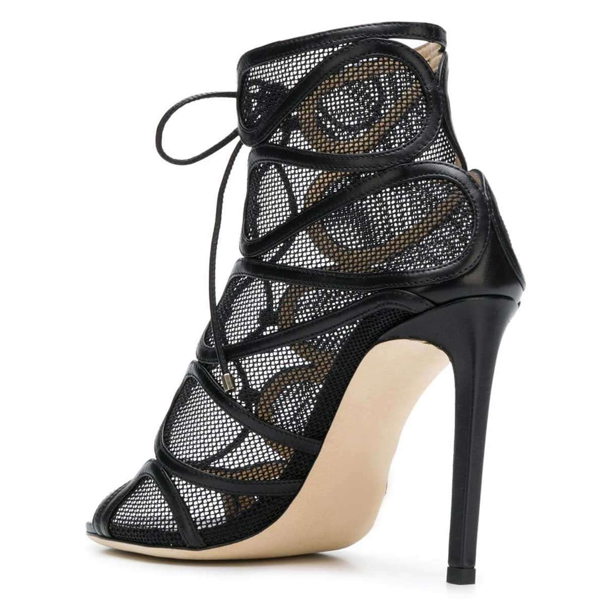 Black Nets Peep Toe Booties Lace Up Stiletto Heel Ankle Boots