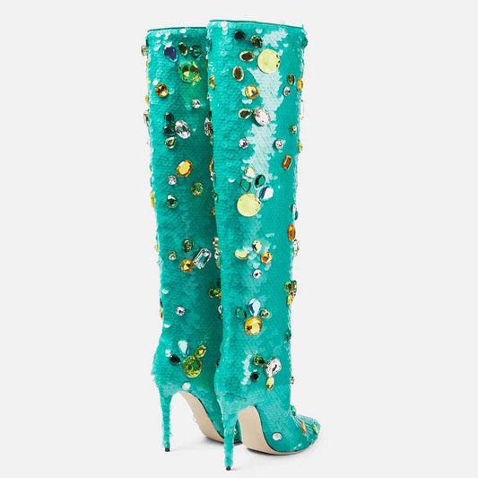 Turquoise Sequin Colorful Gem Decor Stiletto Heel Knee High Boots