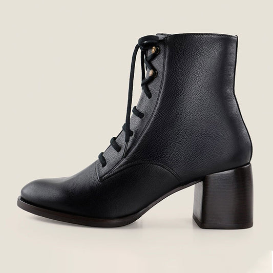 Black Round Toe Chunky Heeled Ankle Boots with Lace-Up Detail