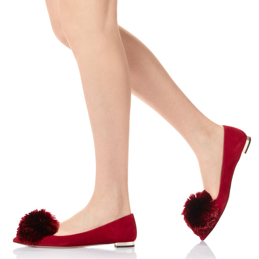 Red Cute Pom Pom Shoes Vegan Suede Pointy Toe Casual Flats