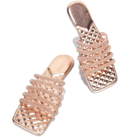Women's Champagne Square Toe Rhinestones Strappy Flat Mules