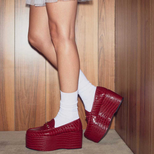 Red Crocodile Embossed Metal Strap Round Toe High Platform Loafers