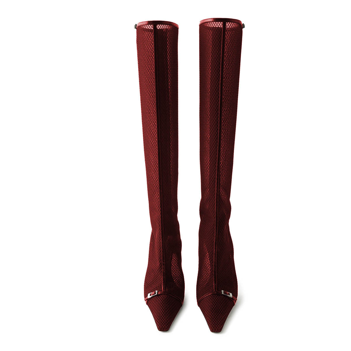 Red Mesh Pointed Toe Stiletto Heel Buckle Strap Zip Knee High Boots