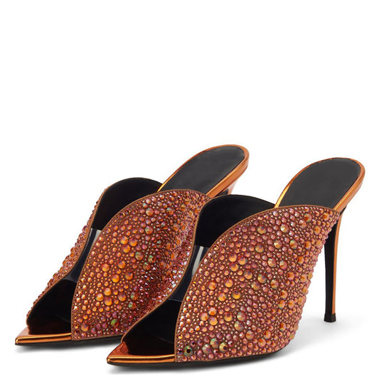 Women's Orange Pointed Toe Sparkly Sandals Rhinestone Mule Heels
