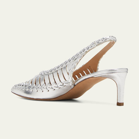 Silver Metallic Pointed Toe Woven Slingback Pumps with Kitten Heel